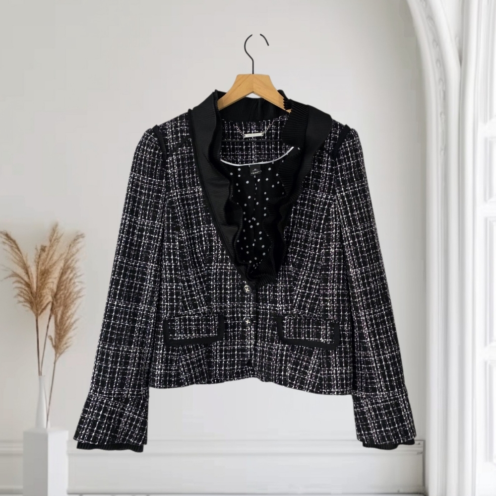 WHBM Tweed Ruffled Collar Button Closure Black and White Blazer Size 10